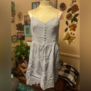 Women’s Abercrombie and Fitch Pinstripe Linen Spaghetti Strap Mini Sundress, XL